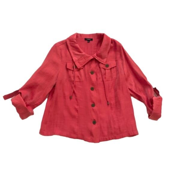 Elementz Blouse Jacket Shacket Orange Coral Shimmer Roll Tab Sleeves Large - Picture 12 of 13